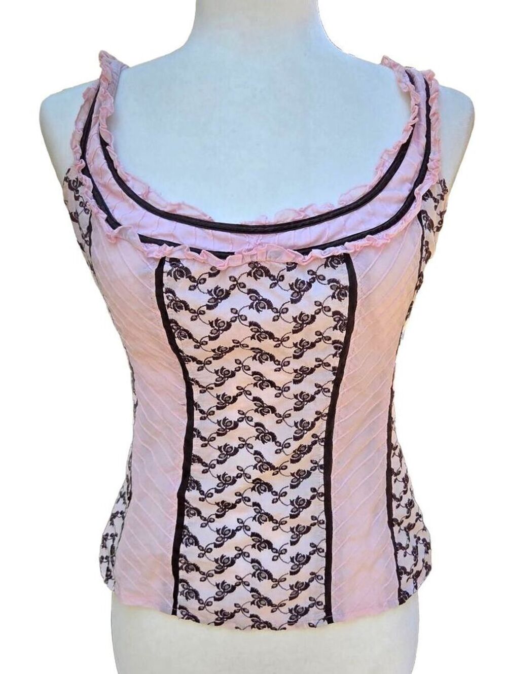 Y2K Vintage Bebe Pink Brown Floral Lace Corset Coquette Fairy Prairie Chiffon